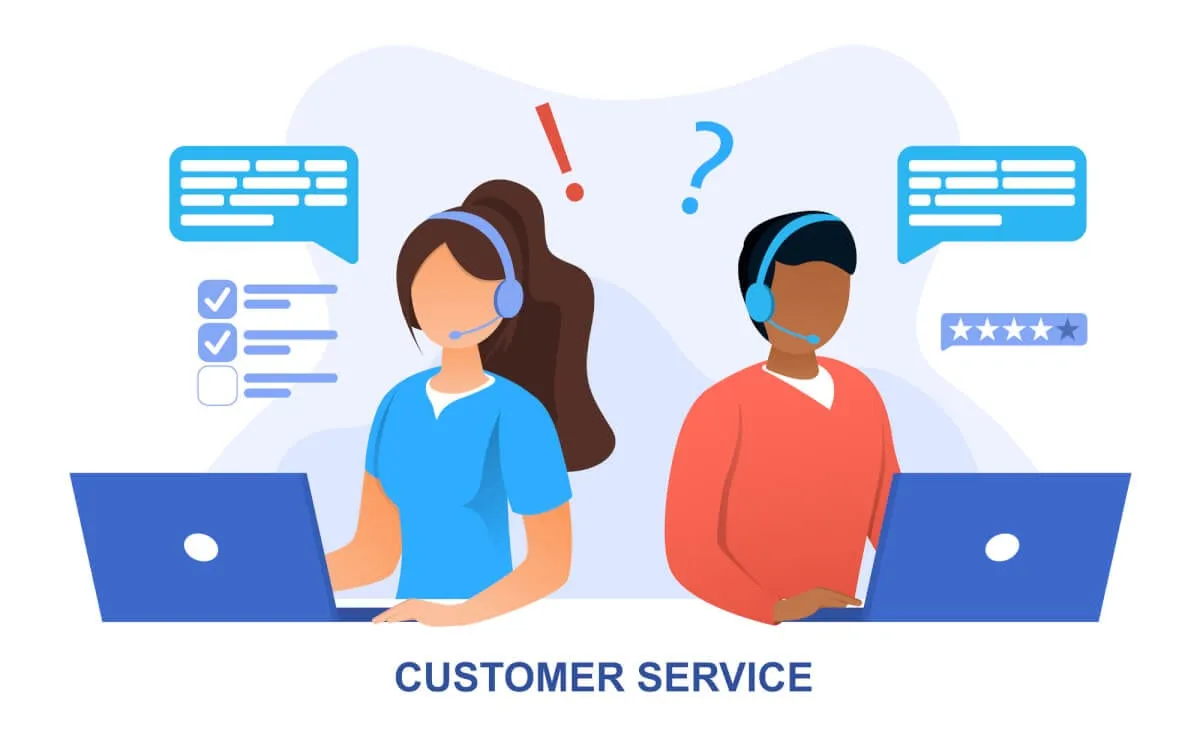 Illustrazione di due operatori del servizio clienti con cuffia e laptop, con fumetti di conversazione, una lista di controllo e una valutazione a stelle